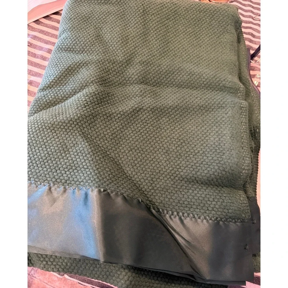 Ralph Lauren Estate Hunter Green Thermal Bed Blanket Twin Satin Trim